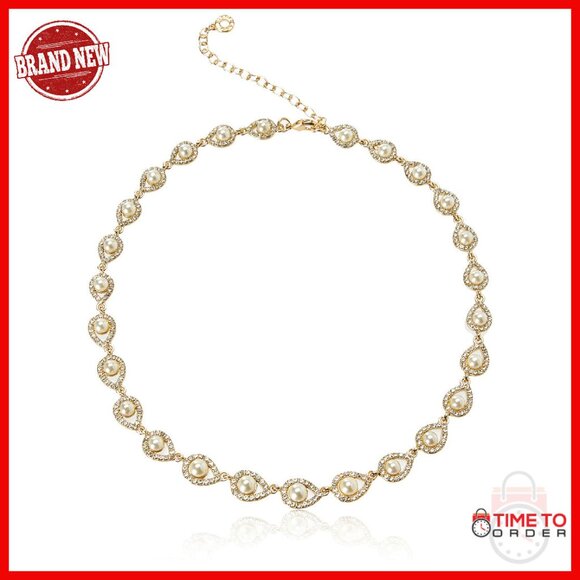 Gold Tone Pearl Necklace 16 Inch Lobster Clasp Cubic Zirconia
